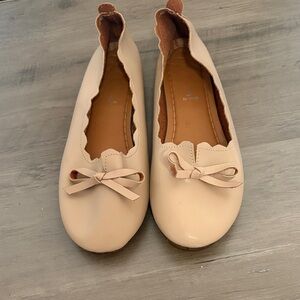 Genuine Leather Cream Nude Ballet Flats with Bow Accent